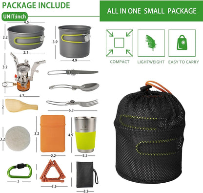 WAILAMHK 14pcs Camping Cookware Mess Kit with Lightweight Pot, Stove, Spork and Carry Mesh Bag, Great for Backpacking Outdoor Camping Hiking and Picnic