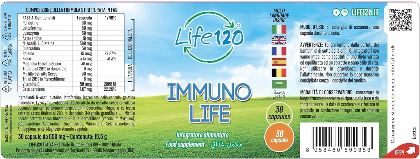 Life 120 - Immuno Life - 30 CAPSULES - Food supplement based on plant extracts, vitamins and minerals - Pack of 2