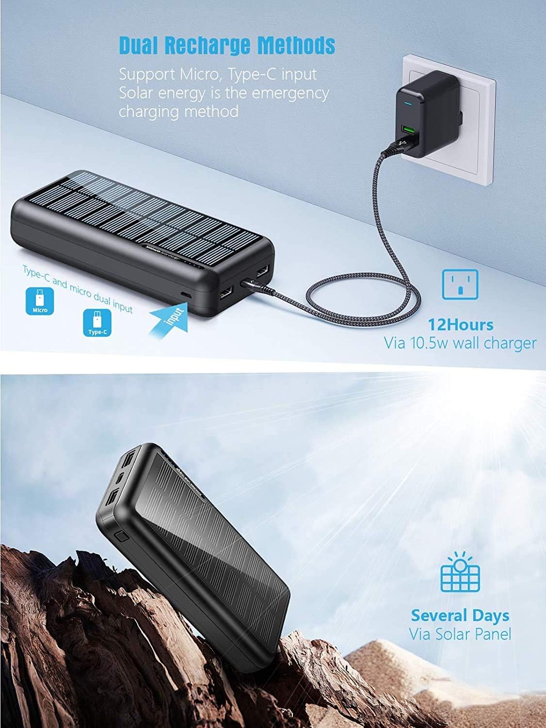 ZHAM 30000mAh Solar Power Bank, Portable Charger Solar Charger Power Bank with 2 USB Outputs, External Battery Pack for Outdoor Activities Compatible with iPhone 14/13/12, Sumsung Galaxy S23/S22 etc