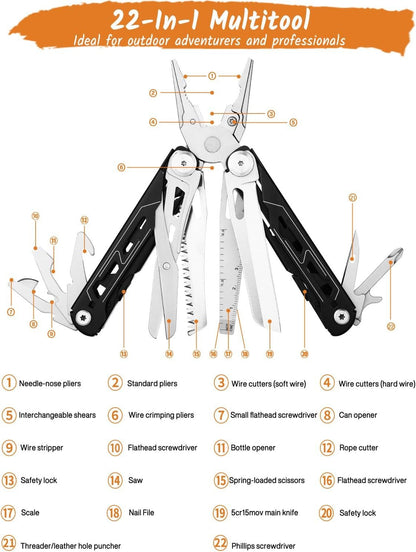 Husgw Dad Birthday Gifts, Father's Day Best Gift, 22 in 1 Multitool Pliers + 11 in 1 Multitool Card, Gifts for Men Camping Multitool Accessories, Multipurpose Tool Plier Pocket Knife Saw Screwdrivers