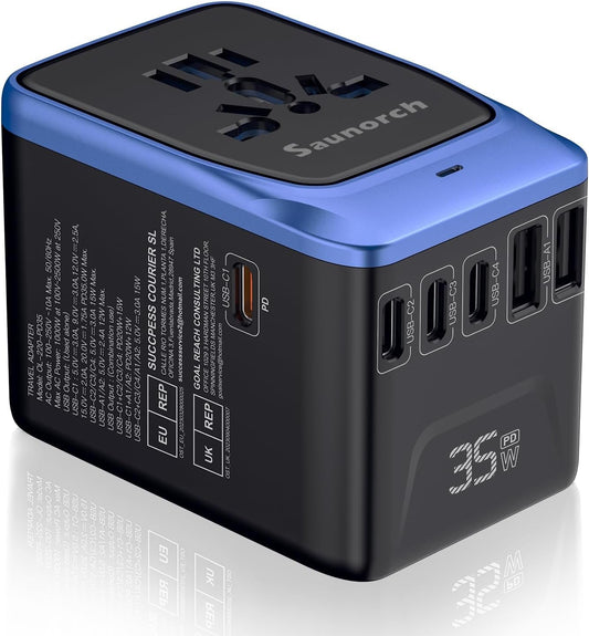 SAUNORCH Universal Travel Adapter, PD 35W 7 in 1 International Power Plug Adapter with 7.0A 4 USB-C and 2 USB-A Fast Wall Charger, Worldwide AC Outlet for US Europe UK AUS Asia