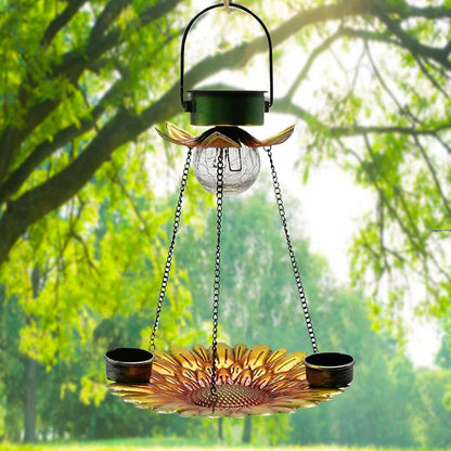 Mangiatoia per uccelli a energia solare, 2 in 1, in metallo, per esterni, decorazione da giardino, resistente alle intemperie, per bere e mangiare animali domestici