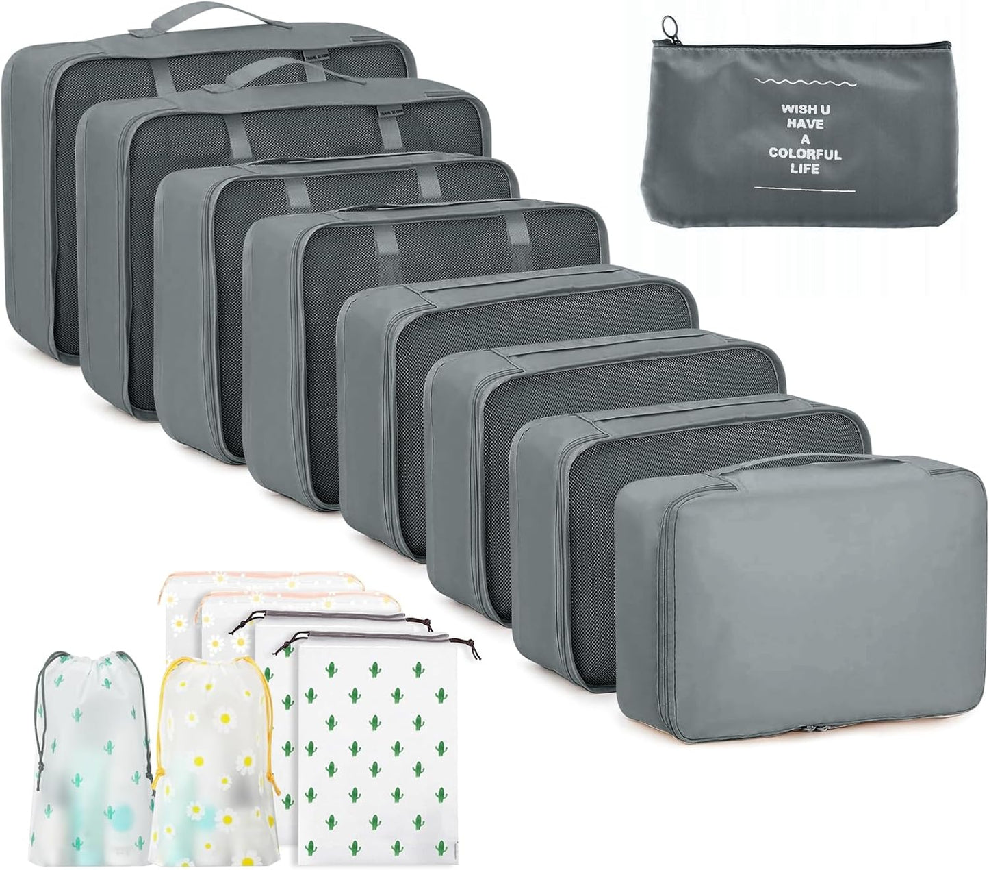 GIBOHOM Suitcase Organizer Set, 15 Pieces Space Saver, Packing Cubes for Holiday and Travel, Dividers Suitcase, Travel Organizer with Transparent Pockets, Grey