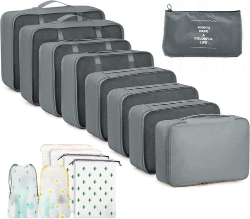 GIBOHOM Suitcase Organizer Set, 15 Pieces Space Saver, Packing Cubes for Holiday and Travel, Dividers Suitcase, Travel Organizer with Transparent Pockets, Grey
