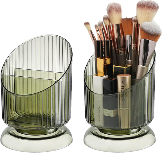 Easyplum 2pcs Makeup Brush Holder,3 Slot Makeup Brush Cup,Vintage Striped Makeup Brush Holder,Pen Pencil Holder for Vanity Decor,Bathroom Countertops,Desk Storage Container,Cosmetic Display Cases