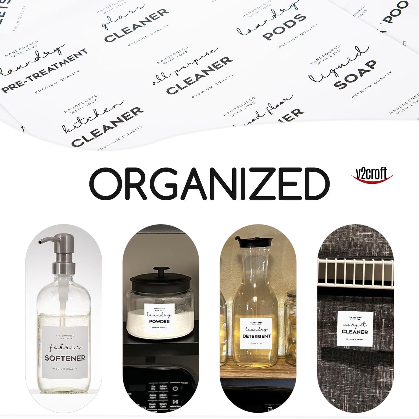 Minimalist Laundry Room Labels set, v2croft 48 White matte stickers on Clear Canisters, Home organization Stickers for cabinet & drawer, laundry room, linens & cleaning supplies(Water Resistant)