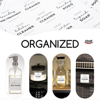 Minimalist Laundry Room Labels set, v2croft 48 White matte stickers on Clear Canisters, Home organization Stickers for cabinet & drawer, laundry room, linens & cleaning supplies(Water Resistant)