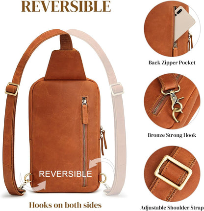 S-ZONE Sling Bag for Women Men Genuine Leather Vintage Crossbody Chest Bags Backpack Daypack Outdoor Travel