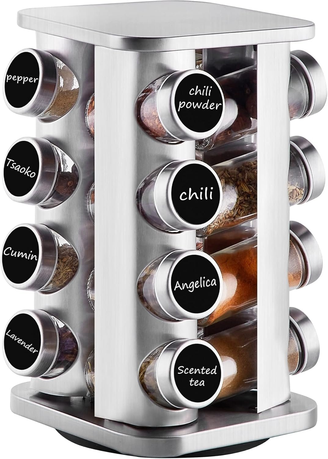 Countertop Revolving Spice Rack, 16-Jars Stainless Steel Spice Rack Organizer, Square Carousel Spice Rack Tower, Seasoning Storage Organization for Kitchen Home Dried Herbs