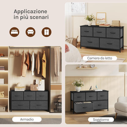 WOLTU Bedroom Chest of Drawers with 5 Drawers with 2 Tiers in Fabric, Industrial Cabinet, Metal and Wood Frame, Wood Effect, Black+Dark Grey, 100 x 30 x 54 cm
