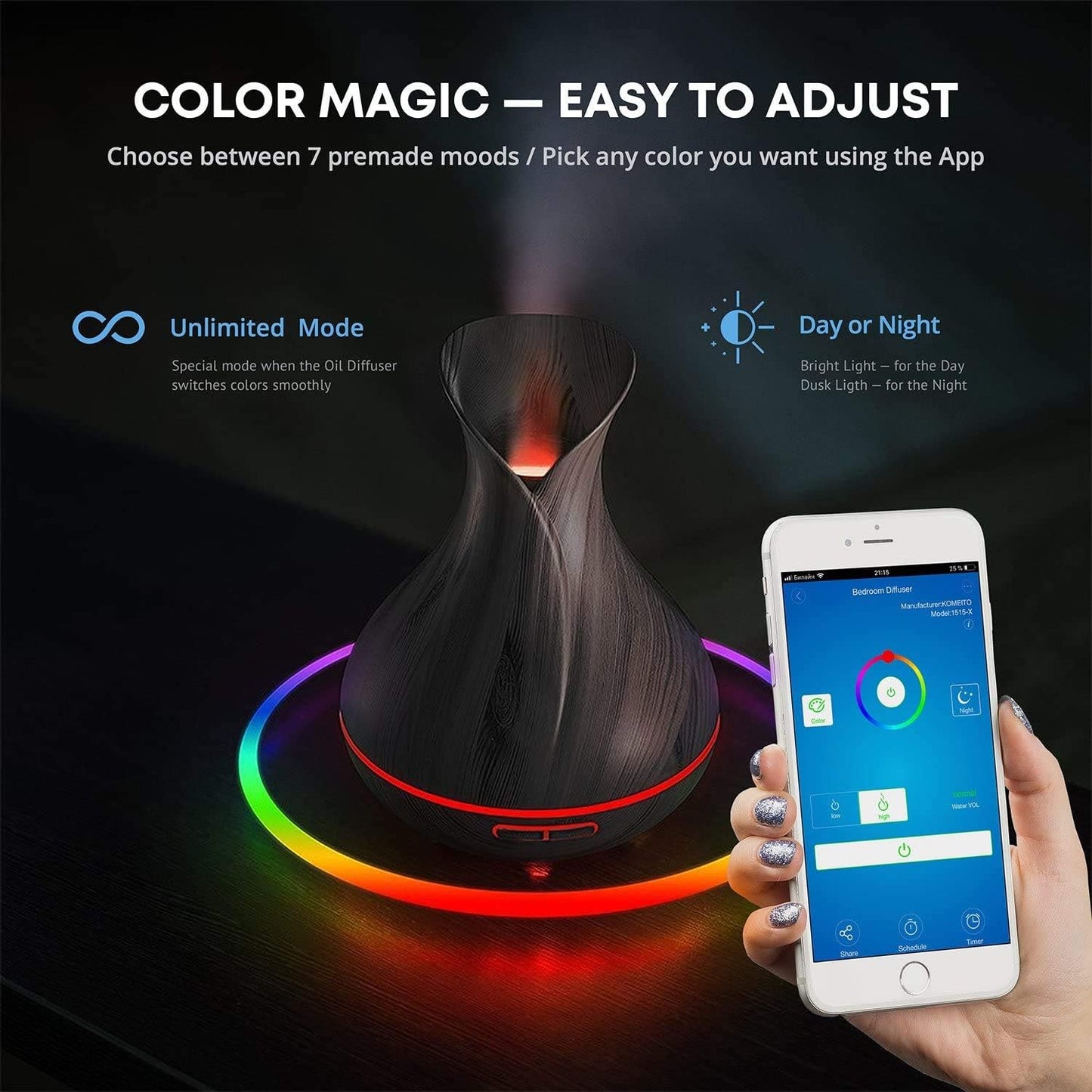 Smart WiFi Wireless Essential Oil Aromatherapy 400ml Ultrasonic Diffuser & Humidifier with Alexa & Google Home Phone App & Voice Control - Create Schedules - LED & Timer Settings (Coffee Black)