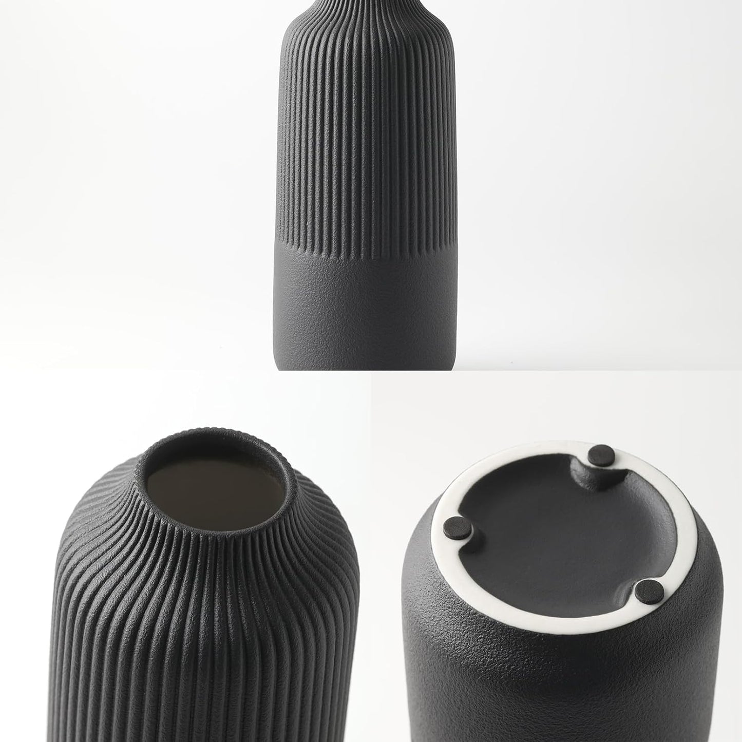 Matte Black Vase Textured Vase Ceramic Minimalist Fluted Vase Decor Modern Ribbed Flower Vases for Home Living Room, Office, Centerpiece and Wedding