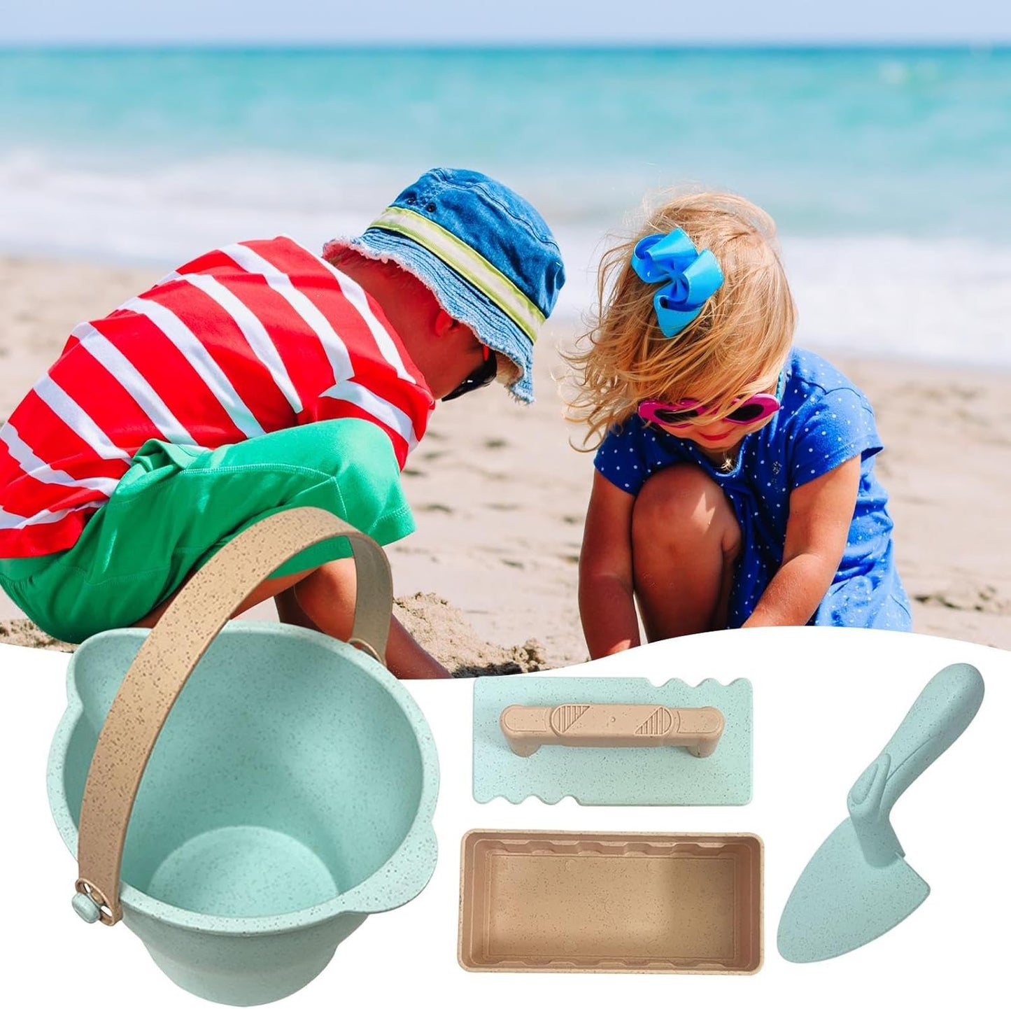 Toddler Beach Toys, Sand Box Castle Play Beach, Buckets Sand Toy Set Shovels, Molds, Sandbox Tool Kit with Mesh Bag for Outdoor, 6.69 x 6.5 x 4.33 Inches, Green