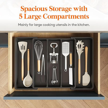 Lifewit Utensil Organizer for Kitchen Drawers, Expandable Cooking Utensil Tray, Adjustable Cutlery Silverware Flatware Holder, Plastic Kitchen Spatula Tools and Gadgets Storage Divider, 2 Pack, Black
