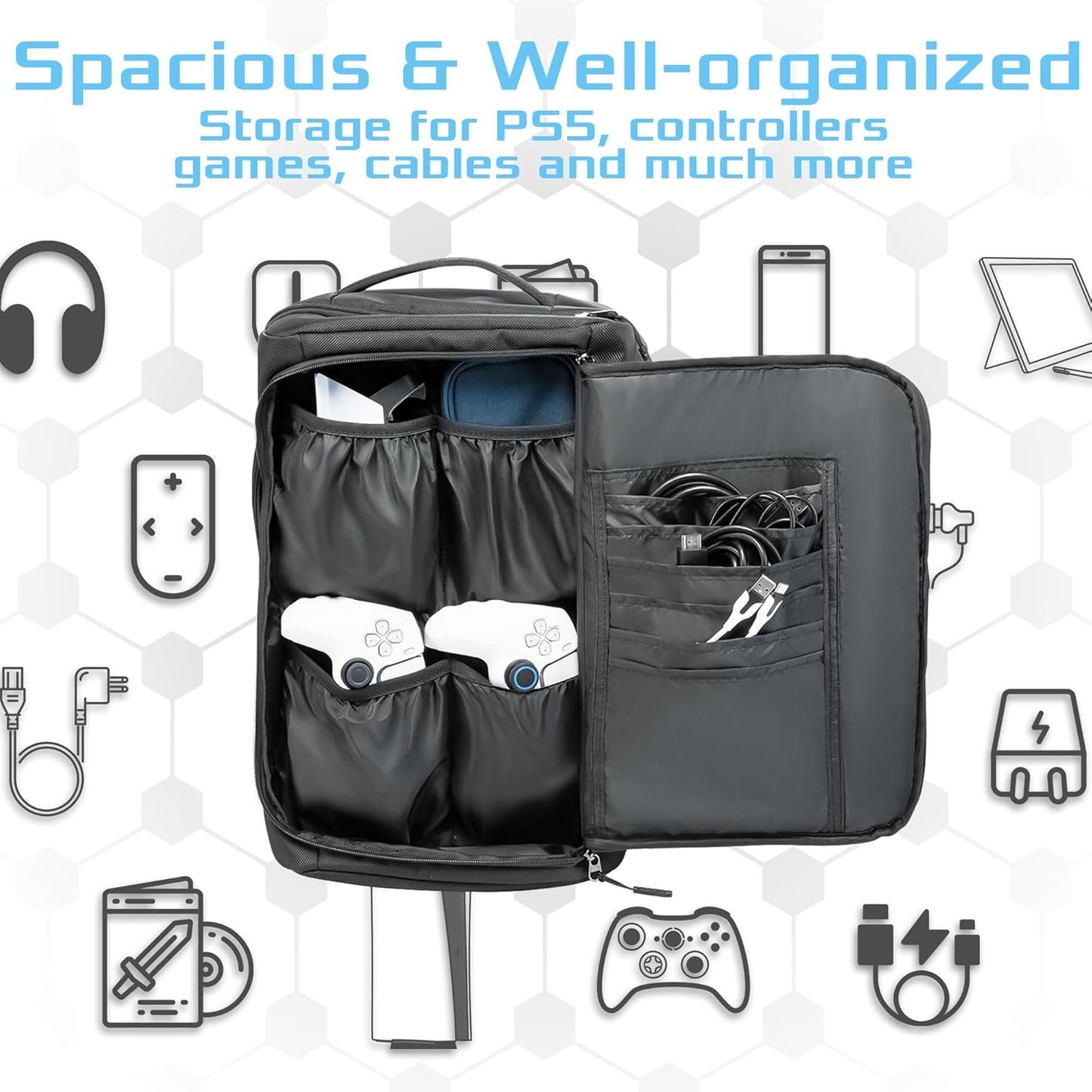 Ezgnuk Game Backpack for PS5 Console, Protective Travel Carrying Case, Large Capacity Storage Bag with Zippered Pocket for PlayStation 5, Laptop, Headphones, Game Discs and Accessories （ Black）
