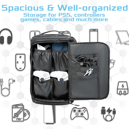 Ezgnuk Game Backpack for PS5 Console, Protective Travel Carrying Case, Large Capacity Storage Bag with Zippered Pocket for PlayStation 5, Laptop, Headphones, Game Discs and Accessories （ Black）