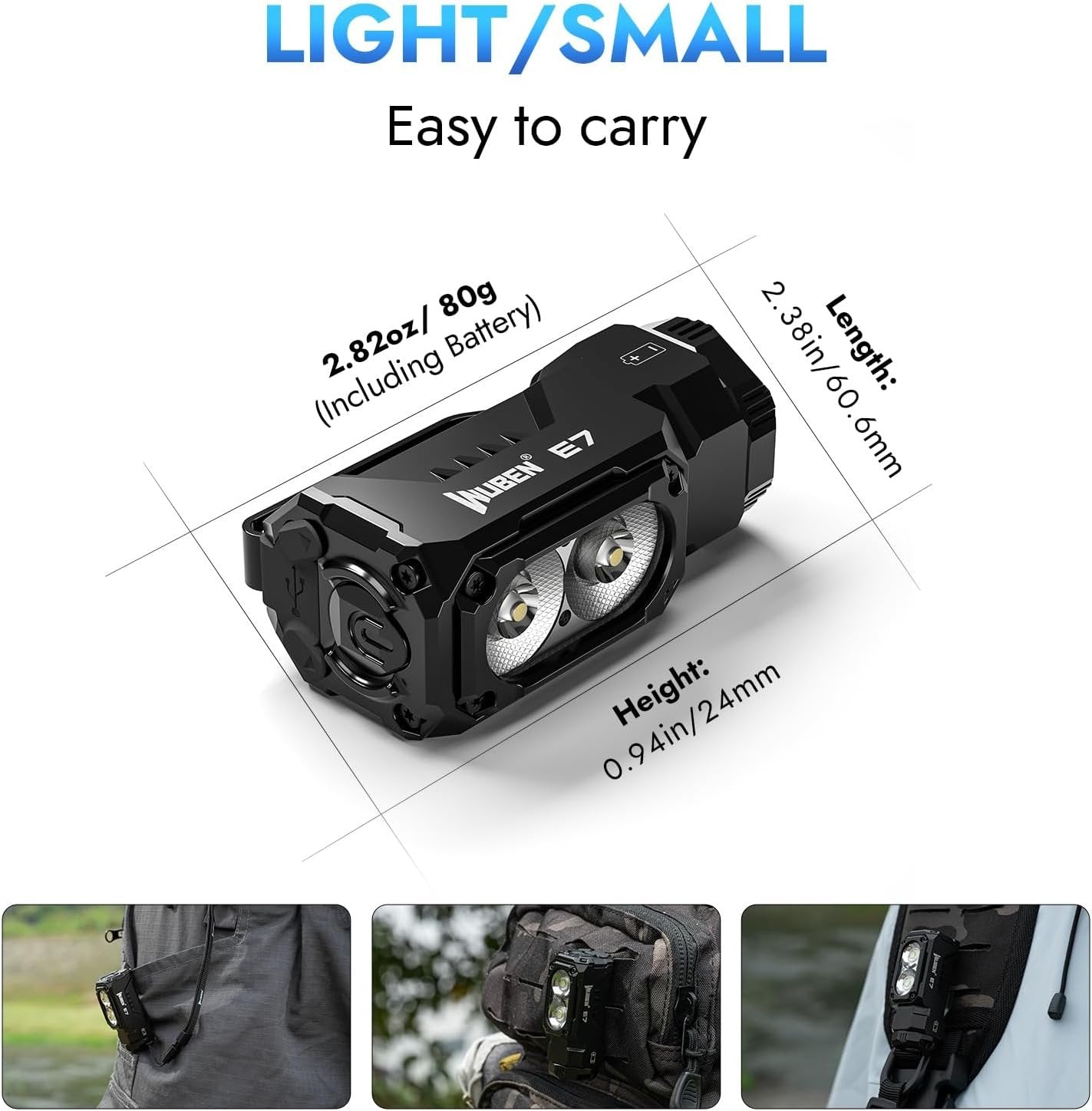 WUBEN E7 1800 Lumen Rechargeable Mini Flashlight with Magnet - Super Bright 6 Modes EDC Flashlight, Type-C Rechargeable LED; IP68 Pocket Flashlight for Headlamp Use, Rescue, Camping