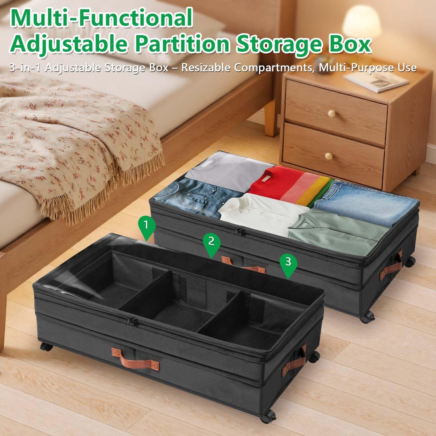 2Pack Under Bed Storage with Wheels, Scalable Under Bed Shoe Storage Containers, Clothes Organizer & Bedroom Furniture Organizers,Foldable Home Storage Bins for Bedroom Organization