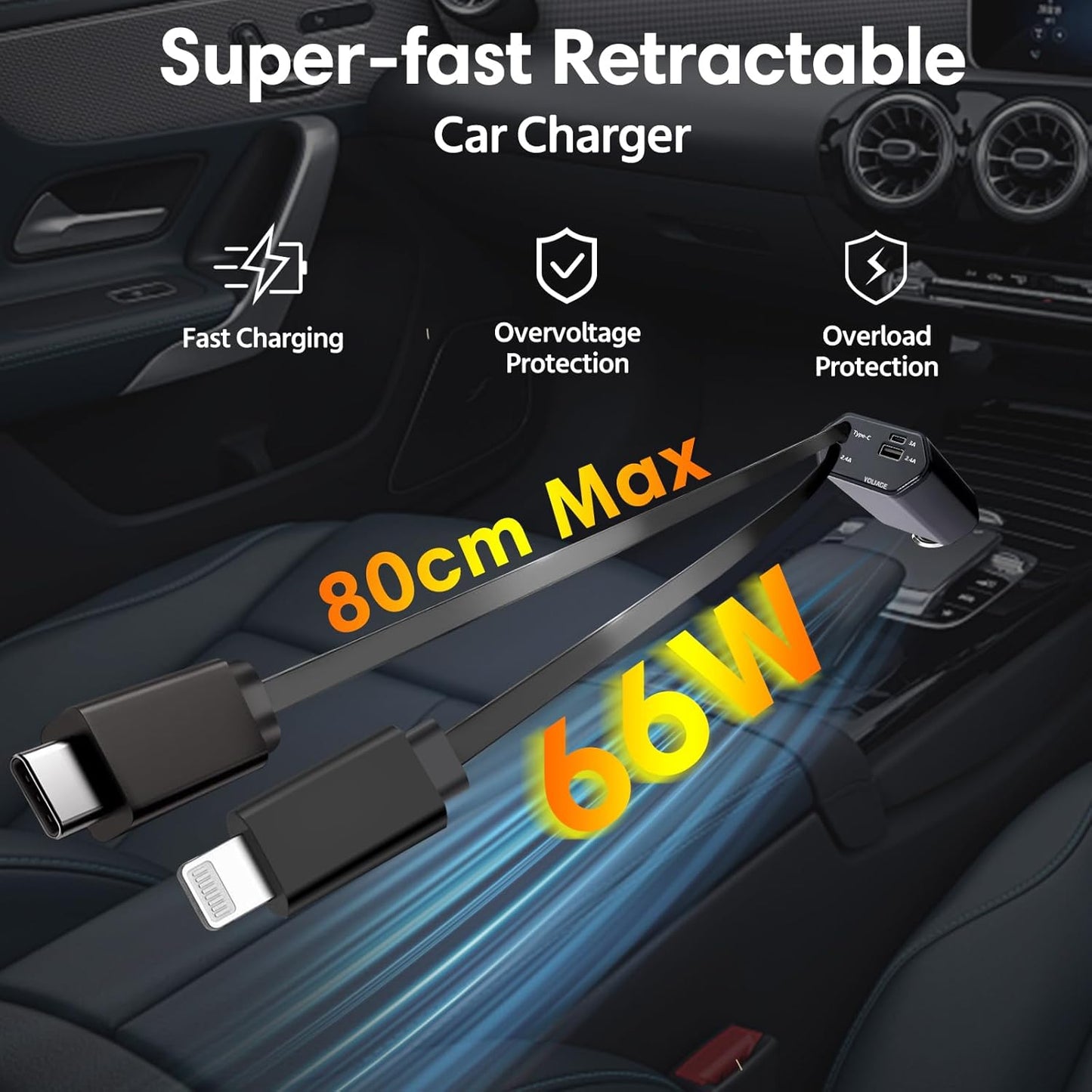 Sweetone Retractable Car Charger, Portable Car Charger 66 W Cigarette Lighter Socket USB C, Charger Adapter for Car Mobile Phone, Car Charger Compatible with iPhone/Samsung Galaxy/iPad