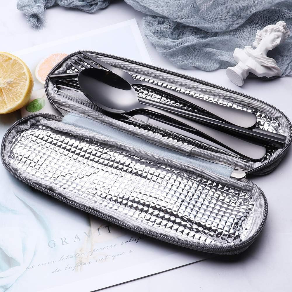 Travel Stainless Steel Utensils Set with Case – 8-Piece Reusable Flatware Kit Includes Fork, Knife, Spoon, Chopsticks, Straws, Brush & Bag – Portable Cutlery for Camping, Work, Picnic (Black)