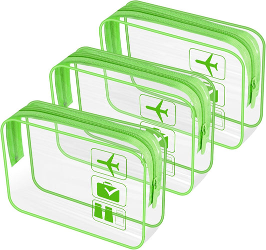 JUNART 3Pcs Clear Travel Toiletry Bags, TSA Approved Cosmetic Makeup Bag, Portable Travel Accessories Airport Airline Compliant Bag for Men and Women (Green)