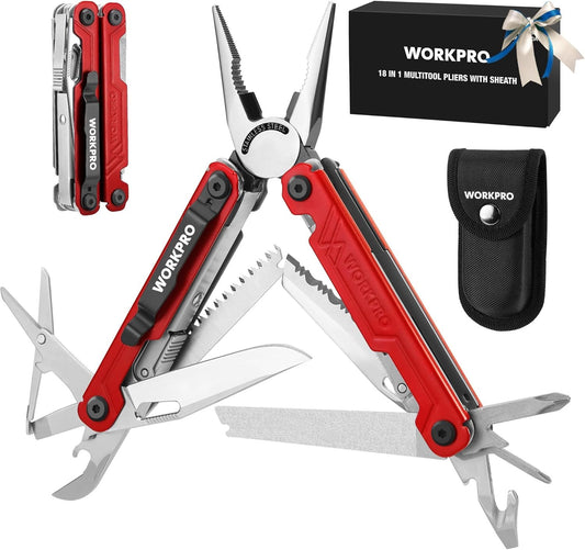 WORKPRO 18-in-1 Multi Tool Pliers, Stainless Steel EDC Multitool with Pocket Knife, 2 Safety Locks, Belt Clip and Oxford Pouch, Multipurpose Utility Multiuse Tool for Camping Outdoor Activities