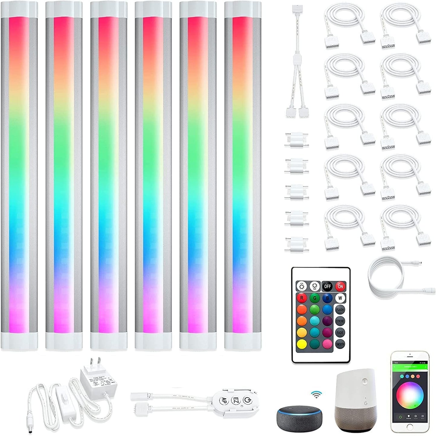 Under Cabinet Lighting RGB Strips Lights Plug in Works with Alexa,Google Home,Smart APP, Remote Control Color Changing Light Bars for Kitchen Counter,Shelf,Bookcase,12V Backlights Linkable,6pcs