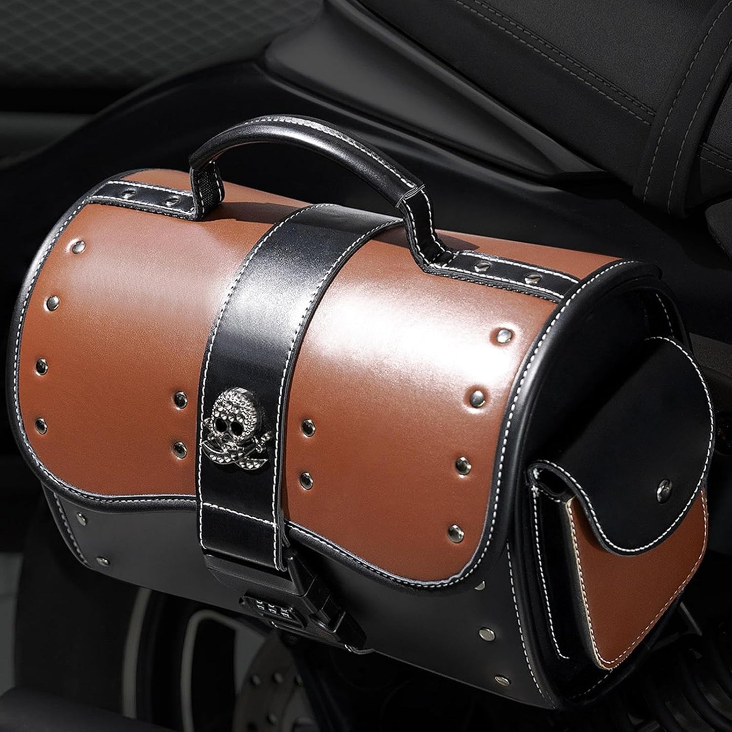 Mimoqk Motorcycle Gear Storage Bag, Leather Front Tool Organizer, Easy Mount Design, Waterproof Saddle Pouch for Touring, Camping, Outdoor Riding, Travel, 13,39 x 7,48 x 9,45 pollici