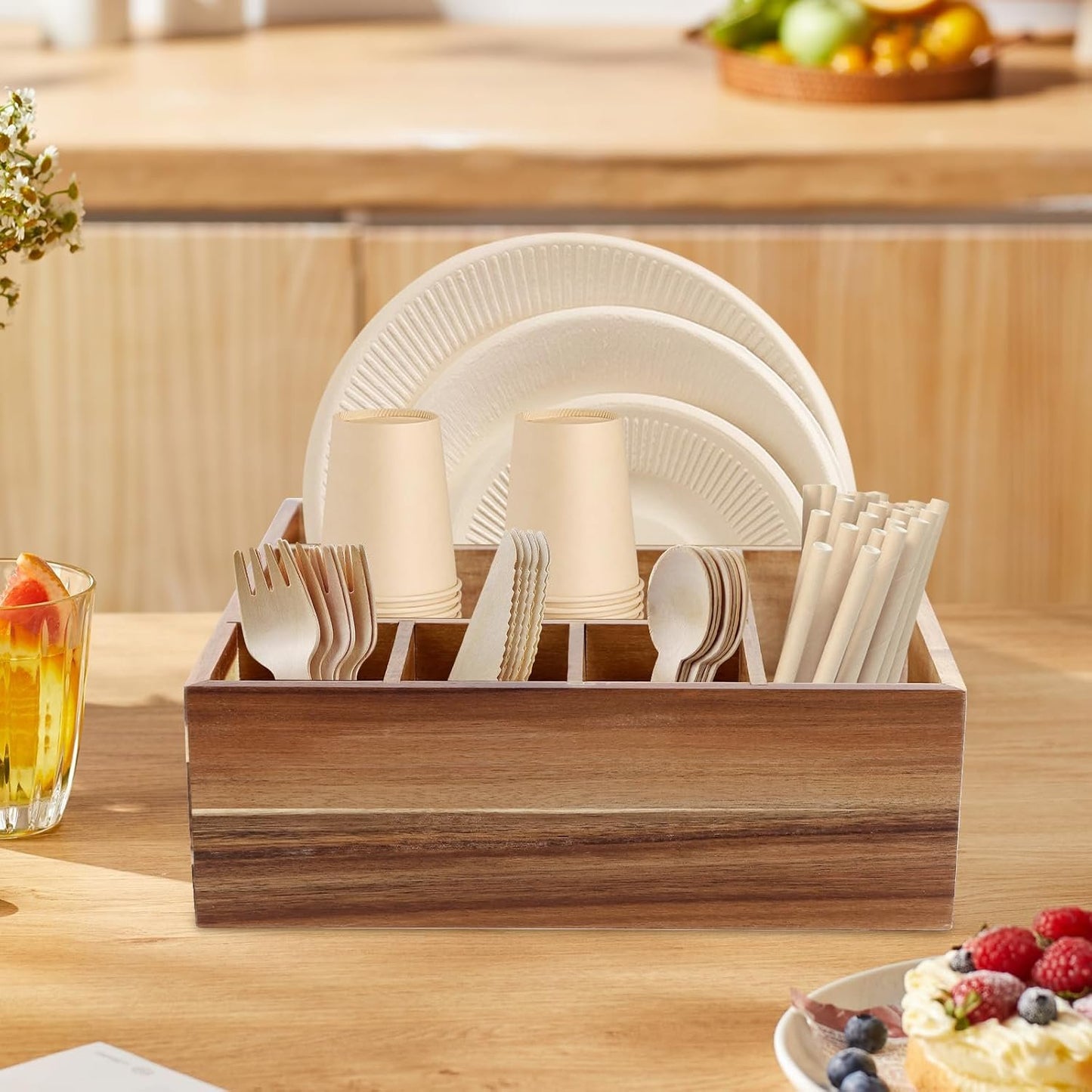 Acacia Wood Utensil Holder with 6 Compartments Wooden Utensil Organizer for Counter, Spoon Plate Cup Holder for Kitchen, Party, Camping