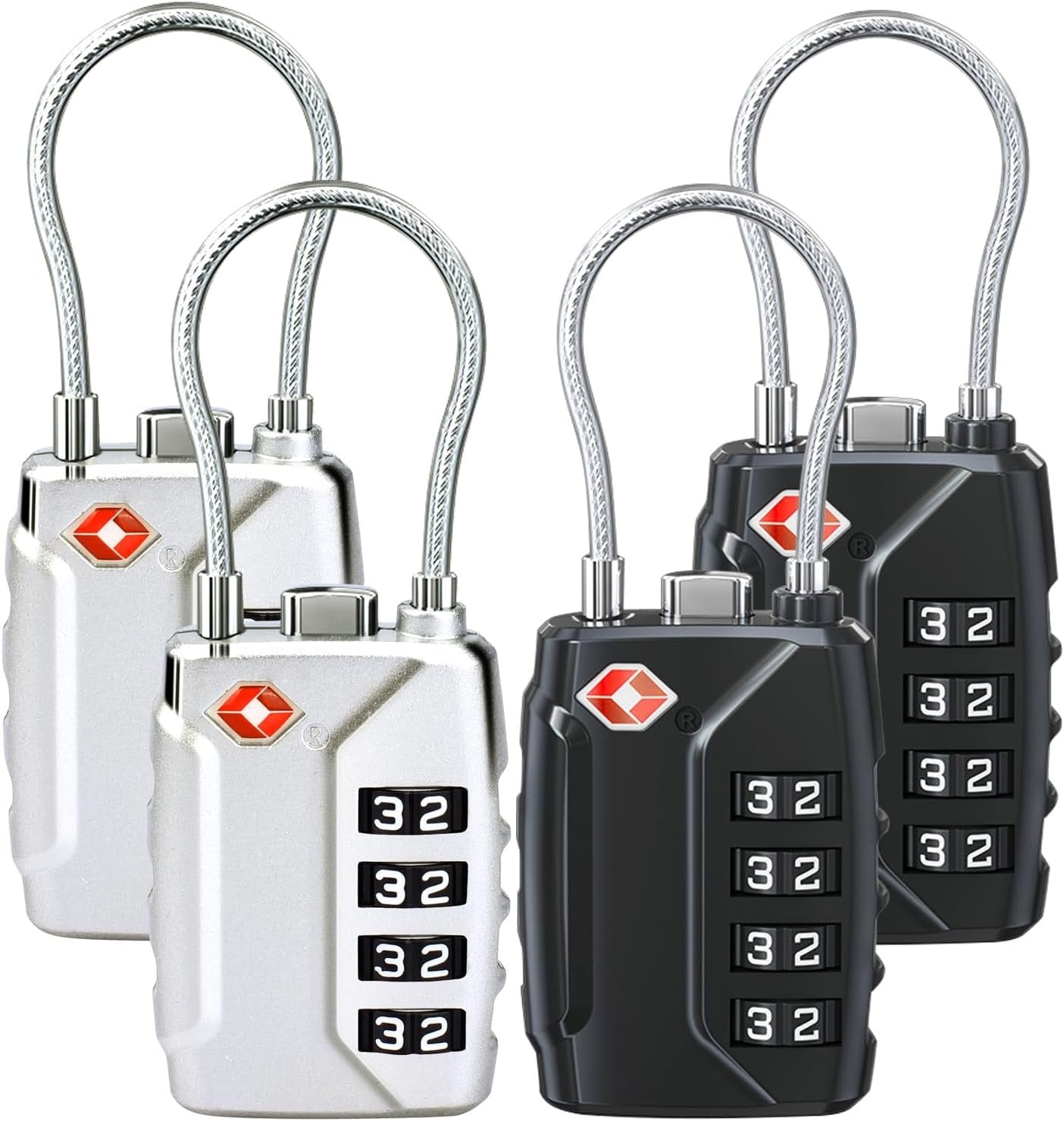 TSA Approved Luggage Locks,4-Digit Security Suitcase Locks,Combination Padlock for Suitcases Flexible Cable Travel Lock(Black+Black+Silver+Silver)