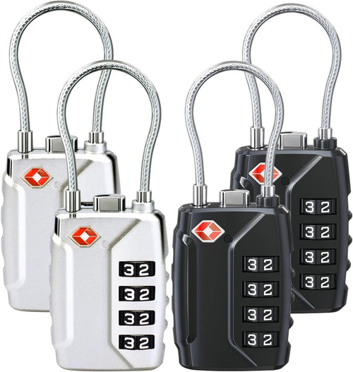 TSA Approved Luggage Locks,4-Digit Security Suitcase Locks,Combination Padlock for Suitcases Flexible Cable Travel Lock(Black+Black+Silver+Silver)
