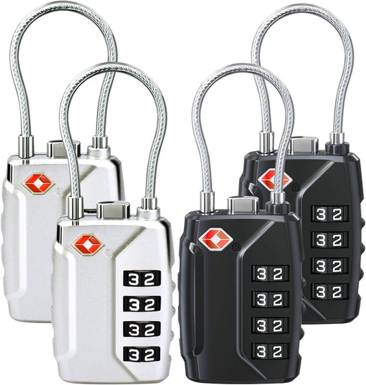 TSA Approved Luggage Locks,4-Digit Security Suitcase Locks,Combination Padlock for Suitcases Flexible Cable Travel Lock(Black+Black+Silver+Silver)