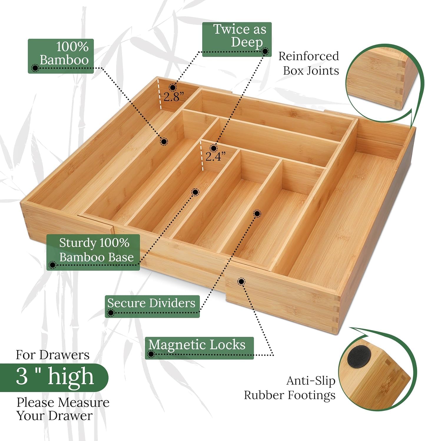 Utensil Drawer Organizer - 3" Deep 100% Bamboo Wooden Expandable Adjustable Kitchen Silverware Flatware Cutlery and Accessories Home Pantry Storage Organization Tray with Magnetic Lock