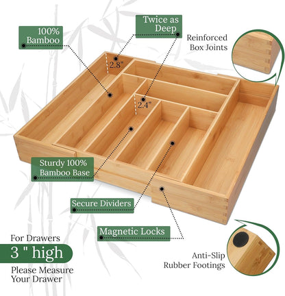 Utensil Drawer Organizer - 3" Deep 100% Bamboo Wooden Expandable Adjustable Kitchen Silverware Flatware Cutlery and Accessories Home Pantry Storage Organization Tray with Magnetic Lock