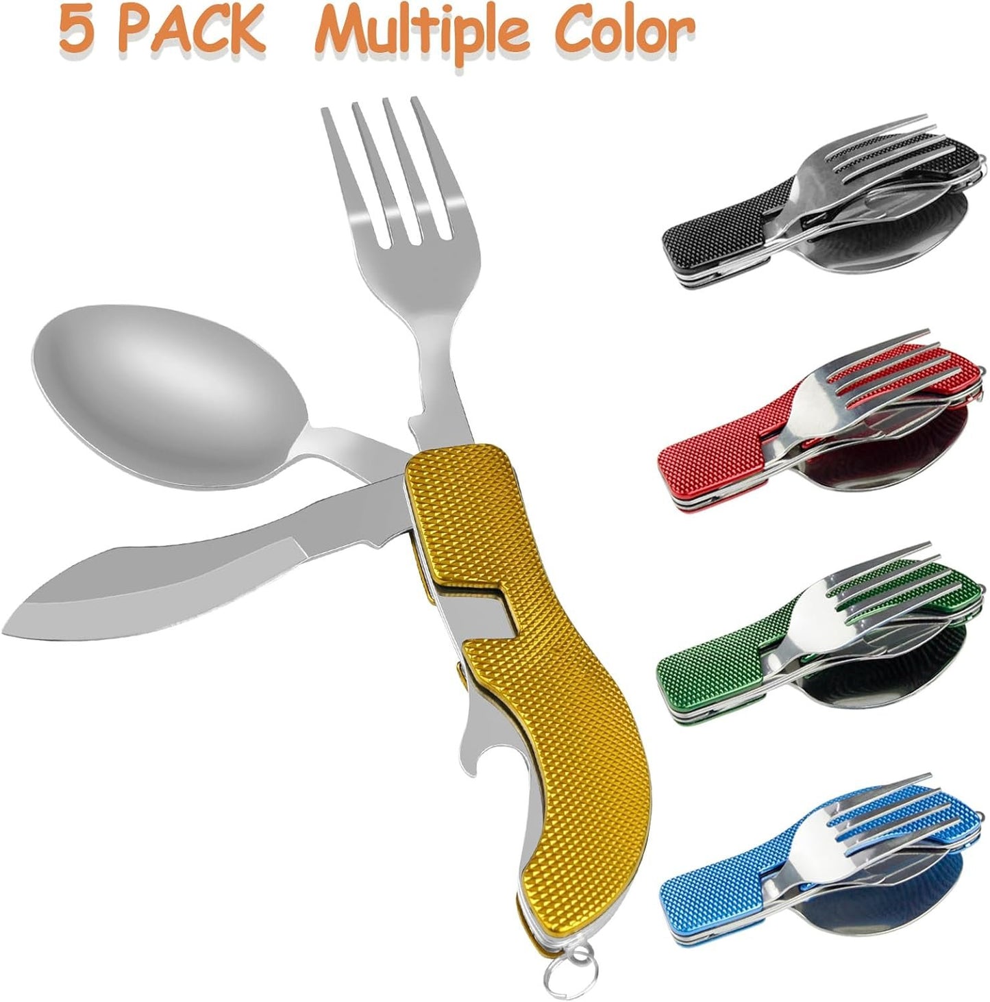 5Pcs Camping Utensils Cutlery Set - 4 in1 (Fork/Spoon/Knife/Bottle Opener) - Stainless Steel Folding & Detachable Backpacking Utensils for Hiking Survival Camping Travel