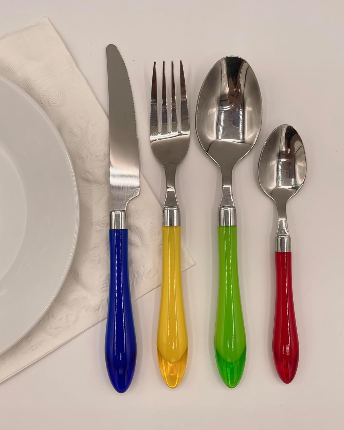 The Original Brink House Rainbow Mix & Match Stainless Steel Cutlery Set with Translucent Handles / 16 pieces with Metal Stand/Lifestyle utensils set for home, first apartment, dorm, outdoor events