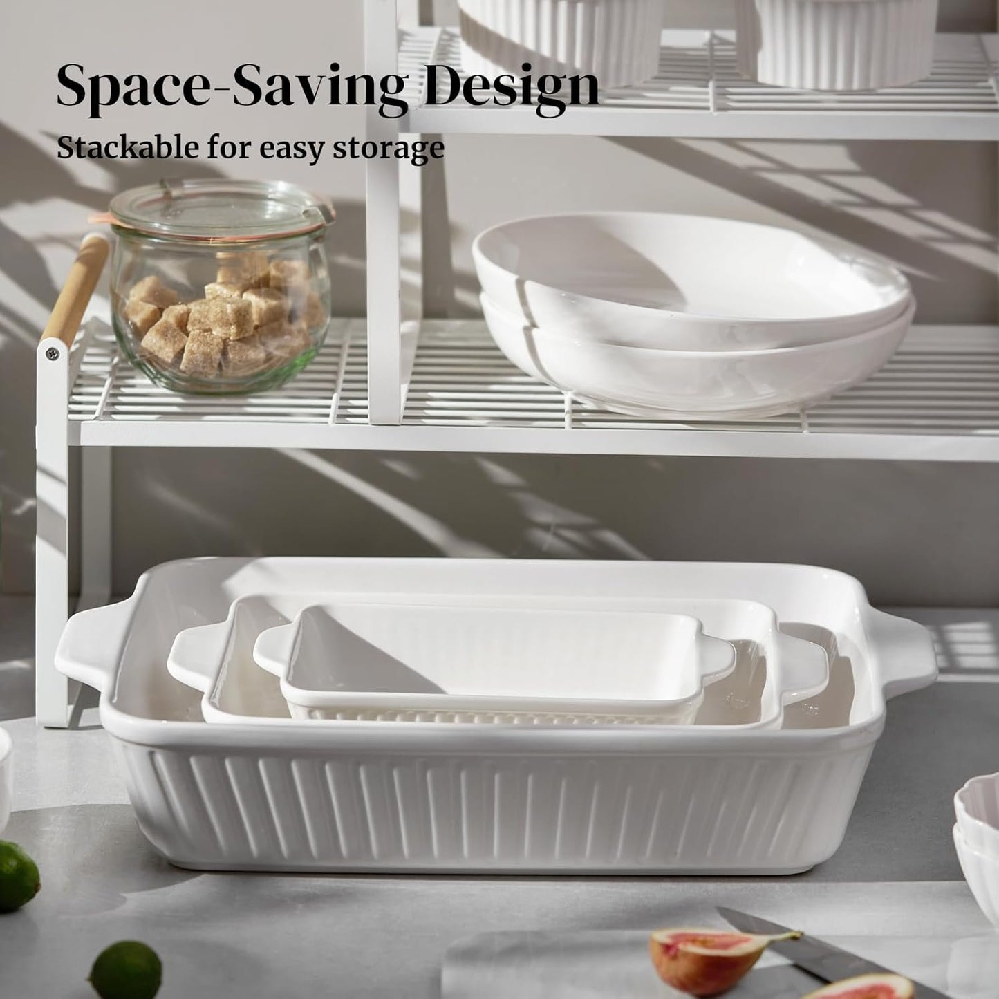 DOWAN Casserole Dishes for Oven, Baking Dishes Set, Ceramic Bakeware Sets of 3, Lasagna Pan Deep, Rectangular Baking Pan Set with Handles for Baking, Casserole, Kitchen, Wedding Gift, White