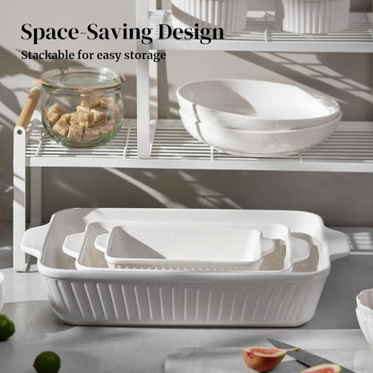 DOWAN Casserole Dishes for Oven, Baking Dishes Set, Ceramic Bakeware Sets of 3, Lasagna Pan Deep, Rectangular Baking Pan Set with Handles for Baking, Casserole, Kitchen, Wedding Gift, White
