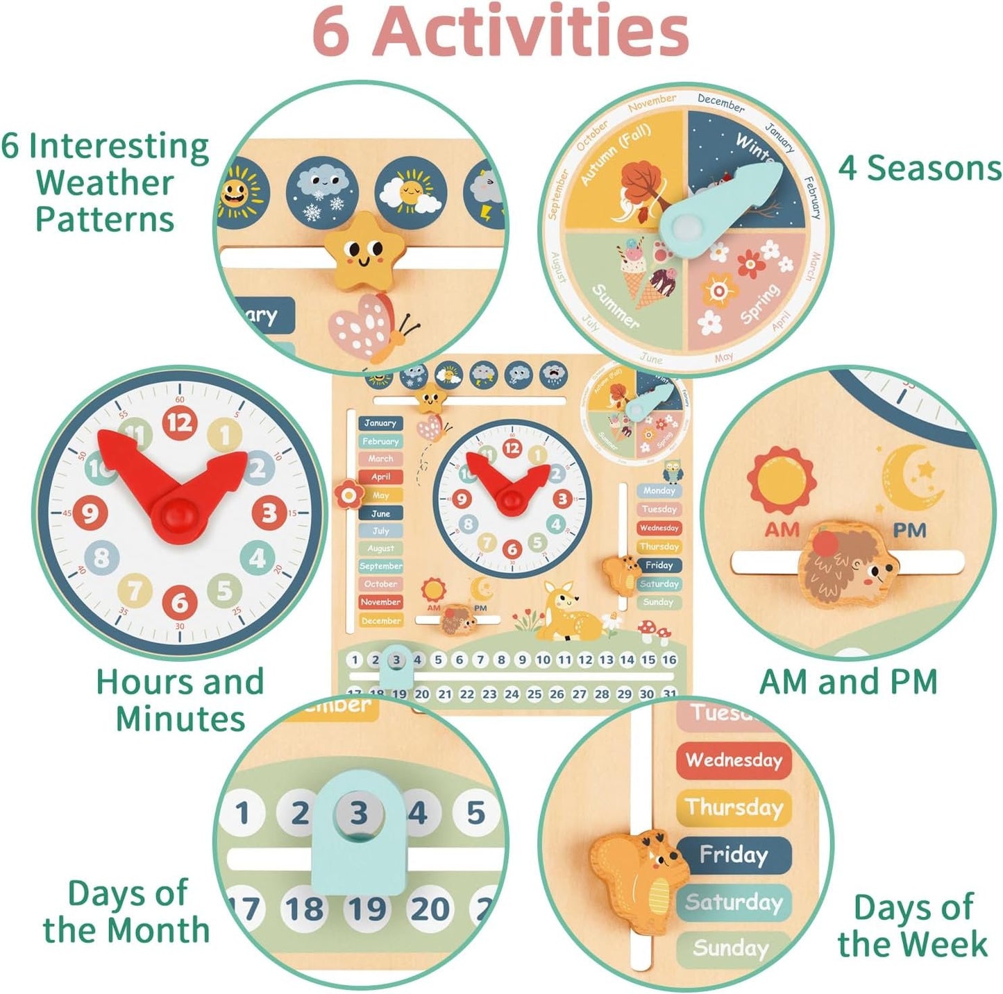 OOOK Kids Daily Calendar Montessori Educational Wooden Learning Toys My Calendar Clock Wooden Toys for Toddler Kids