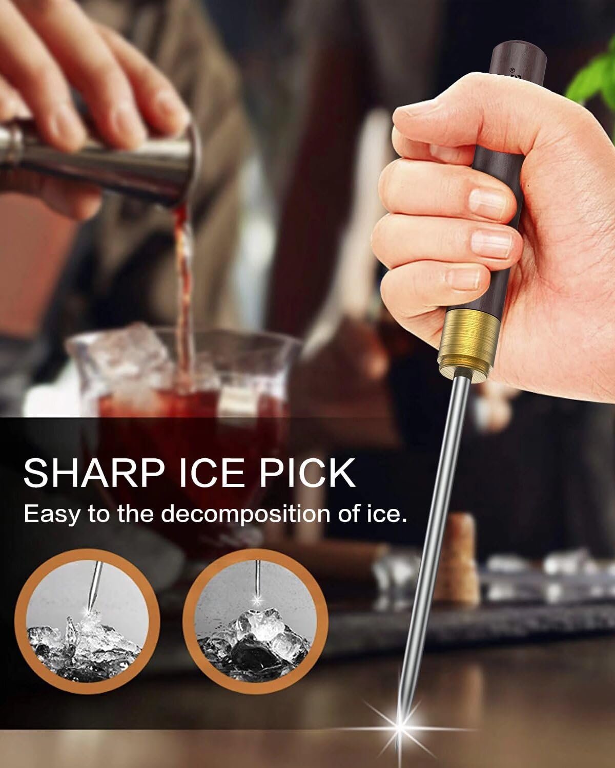 Stainless Steel Ice Pick with Safety Cover, Pick Tool for Breaking Ice, Non-slip Wooden Handle for Easy to Grip, 9 Inches Length (Pack of 1)