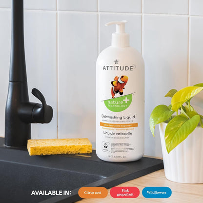 ATTITUDE Dishwashing Liquid, Made in Canada, EWG Verified, Vegan Dish Soap, Plant Based, Naturally Derived Products, Pink Grapefruit, 1 Liter