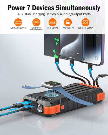 BLAVOR Solar Power Bank Built in 4 Cables, 20W 20000mAh USB C in & Out Portable Charger Fast Charging with Flashlight for All Mobile Phones, Wireless Charging Battery Pack for Apple Watches