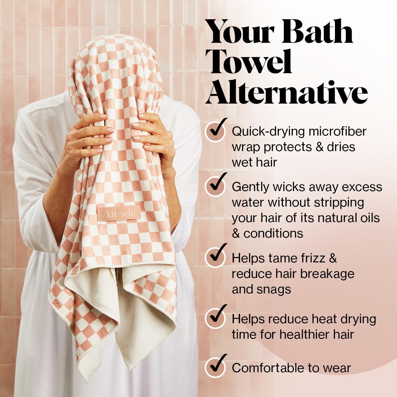 Kitsch XL Microfiber Hair Towel Wrap for Women - Microfiber Towel, Super Absorbent, Quick Dry, Anti-Frizz - for Long & Short Hairs, Turbans for Women - Terracotta Checker