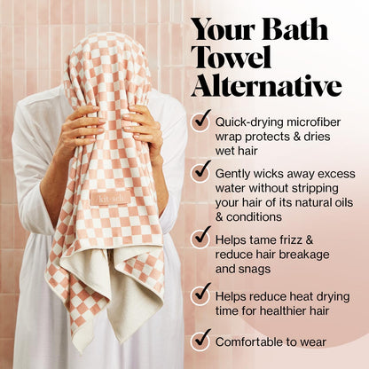 Kitsch XL Microfiber Hair Towel Wrap for Women - Microfiber Towel, Super Absorbent, Quick Dry, Anti-Frizz - for Long & Short Hairs, Turbans for Women - Terracotta Checker
