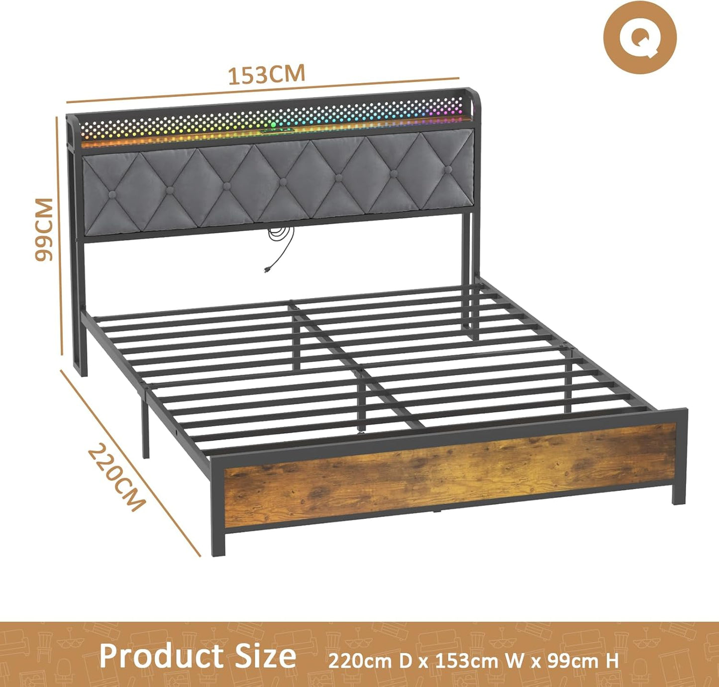 ADVWIN Queen Size Bed Frame, Storage Headboard with Led & Charging Station, Industrial Upholstered Platform Bed with Metal Mattress Base Support, No Box Spring Needed, Rustic Brown & Gray (Queen)