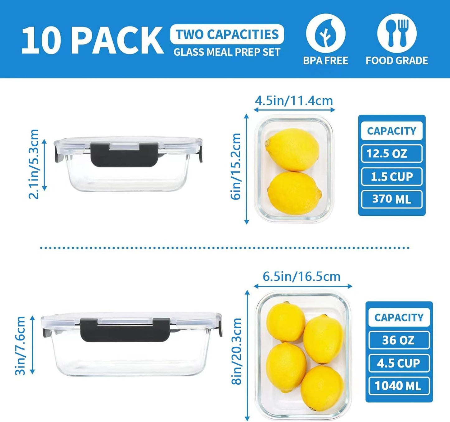 YOZOTI 10 Pack Glass Food Storage Containers with Lids, Glass Airtight Meal Prep Container Set for Lunch, on the Go, Leftover, Kitchen Pantry Organizers and Storage, BPA Free & Leak Proof (black)