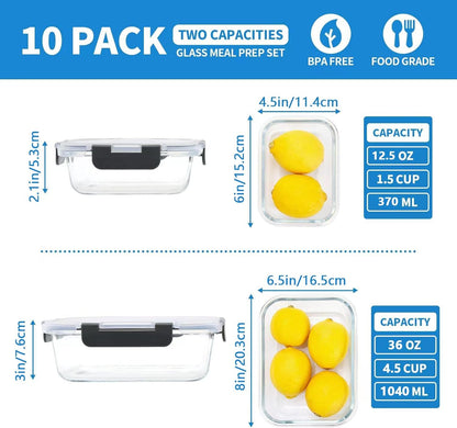 YOZOTI 10 Pack Glass Food Storage Containers with Lids, Glass Airtight Meal Prep Container Set for Lunch, on the Go, Leftover, Kitchen Pantry Organizers and Storage, BPA Free & Leak Proof (black)