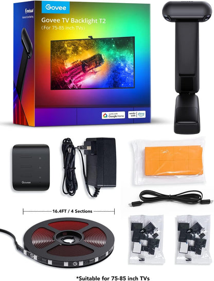 Govee Envisual TV LED Backlight T2 with Dual Cameras, 16.4ft RGBIC Wi-Fi TV LED Backlights for 75-85 inch TVs, Double Light Beads, for Home Decorations, Smart App Control, Music Sync