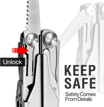 MIAOKE Multitool 23 in 1 with Premium Gift Box, Screwdrivers Saw Screwdrivers Bottle Opener Pliers Camping Knife Cool Gadgets for Men, Best Gift for Boyfriend Son Dad Him Husband, (Silver-Discover)