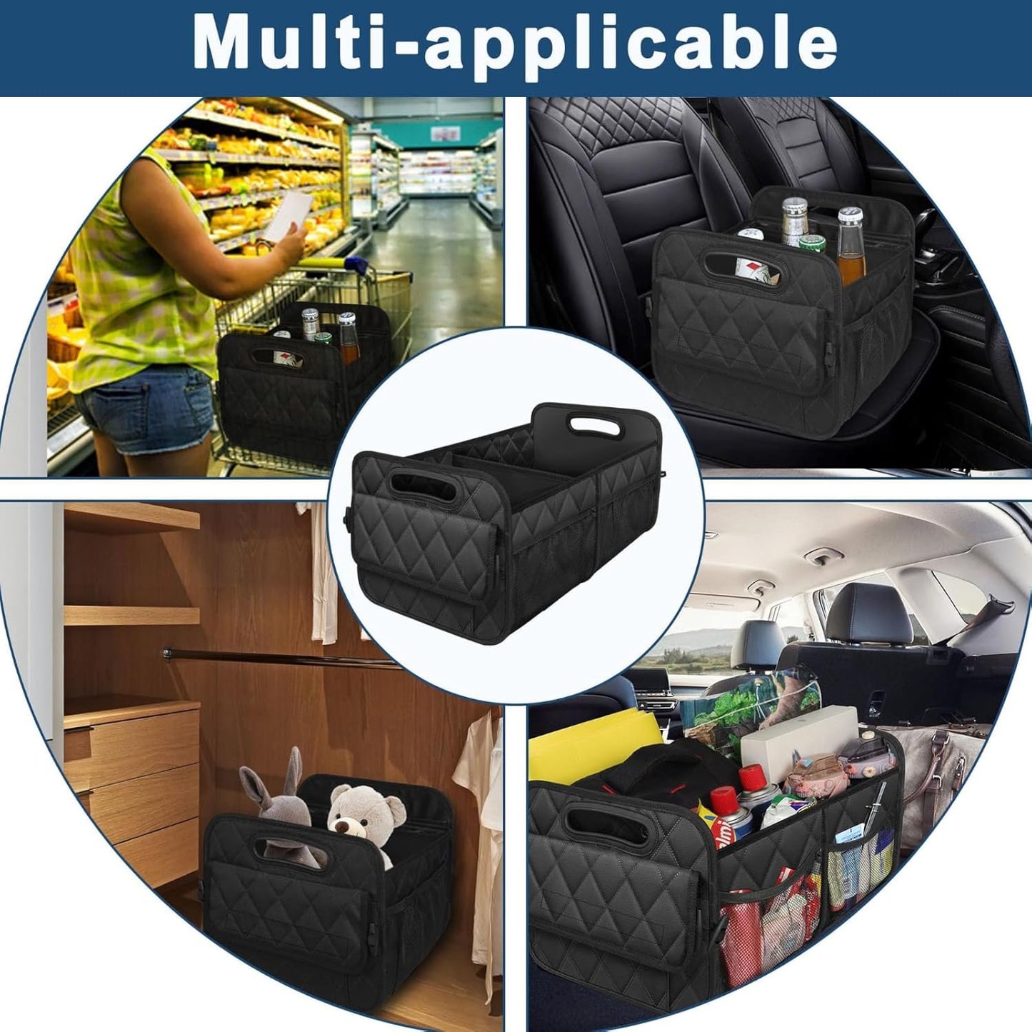 Car Trunk Organizer for SUV, 50L Waterproof Storage with 6 Pockets, Car Accessories for Women/Men, Black Polyester Organizer